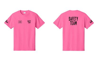 NYC Factory Custom Logo Safety Team T-Shirt for Events, Venues & Volunteers (Classic) - SAFETY TEAM + Your Logo + Back + US Flag Sleeve - Neon Pink