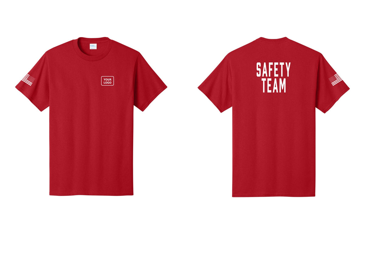NYC Factory Custom Logo Safety Team T-Shirt for Events, Venues & Volunteers (Classic) - Your Logo + Back + US Flag Sleeve - Red