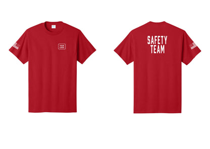 NYC Factory Custom Logo Safety Team T-Shirt for Events, Venues & Volunteers (Classic) - Your Logo + Back + US Flag Sleeve - Red