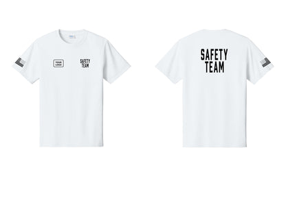 NYC Factory Custom Logo Safety Team T-Shirt for Events, Venues & Volunteers (Classic) - SAFETY TEAM + Your Logo + Back + US Flag Sleeve - White