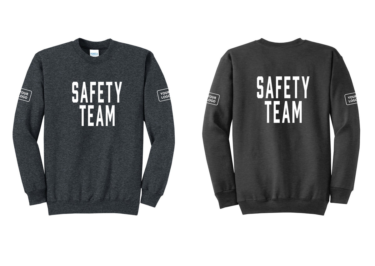 NYC Factory Custom Logo Safety Team Cotton Fleece Crewneck Sweatshirt (Classic) - Front + Back + Your Logo Sleeves - Dark Heather Grey