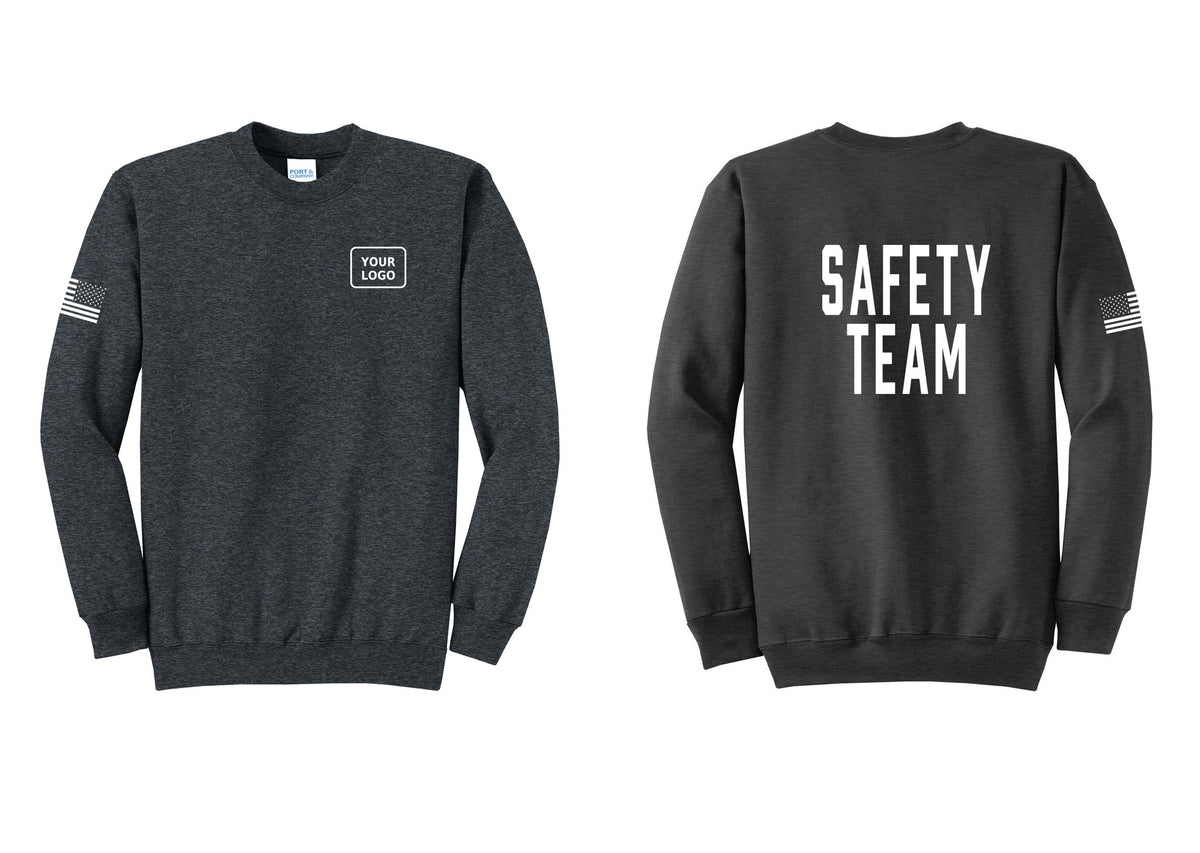 NYC Factory Custom Logo Safety Team Cotton Fleece Crewneck Sweatshirt (Classic) - Your Logo + Back + US Flag Sleeve - Dark Heather Grey