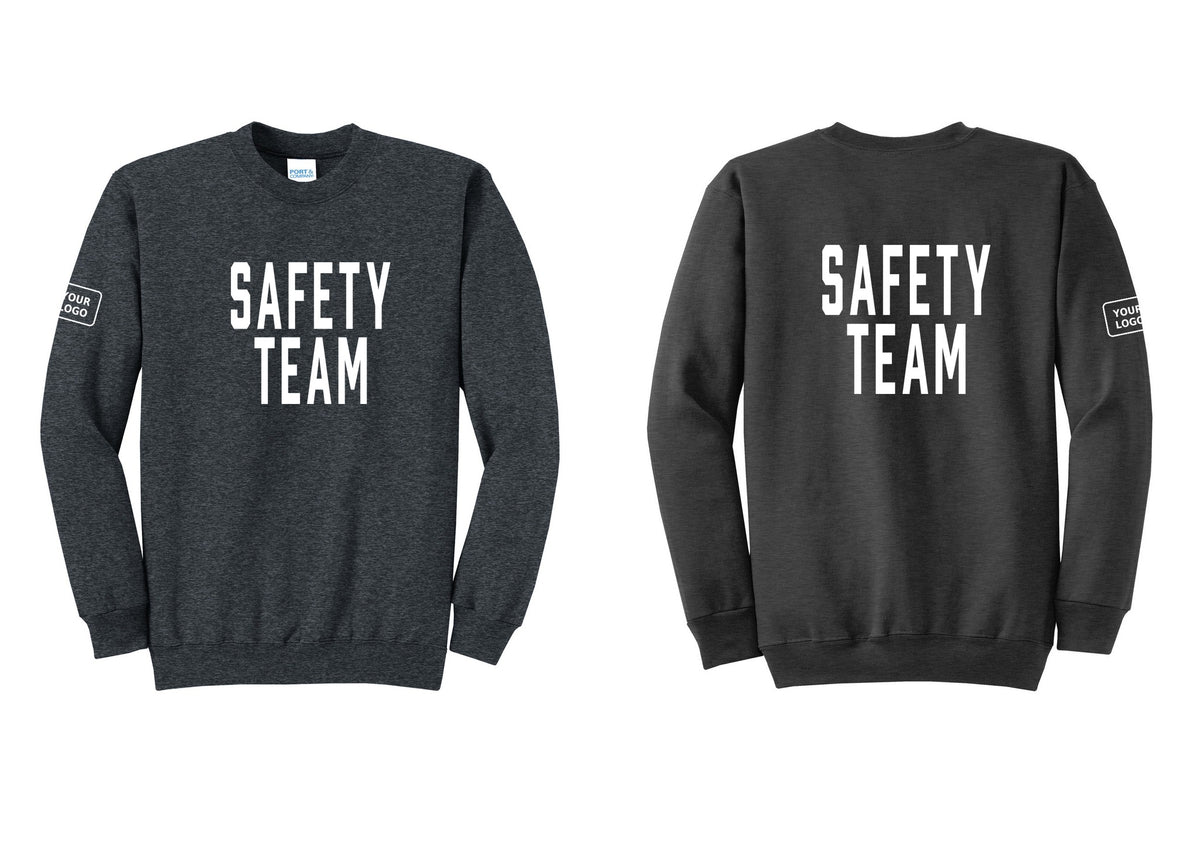 NYC Factory Custom Logo Safety Team Cotton Fleece Crewneck Sweatshirt (Classic) - Front + Back + Your Logo Sleeve - Dark Heather Grey