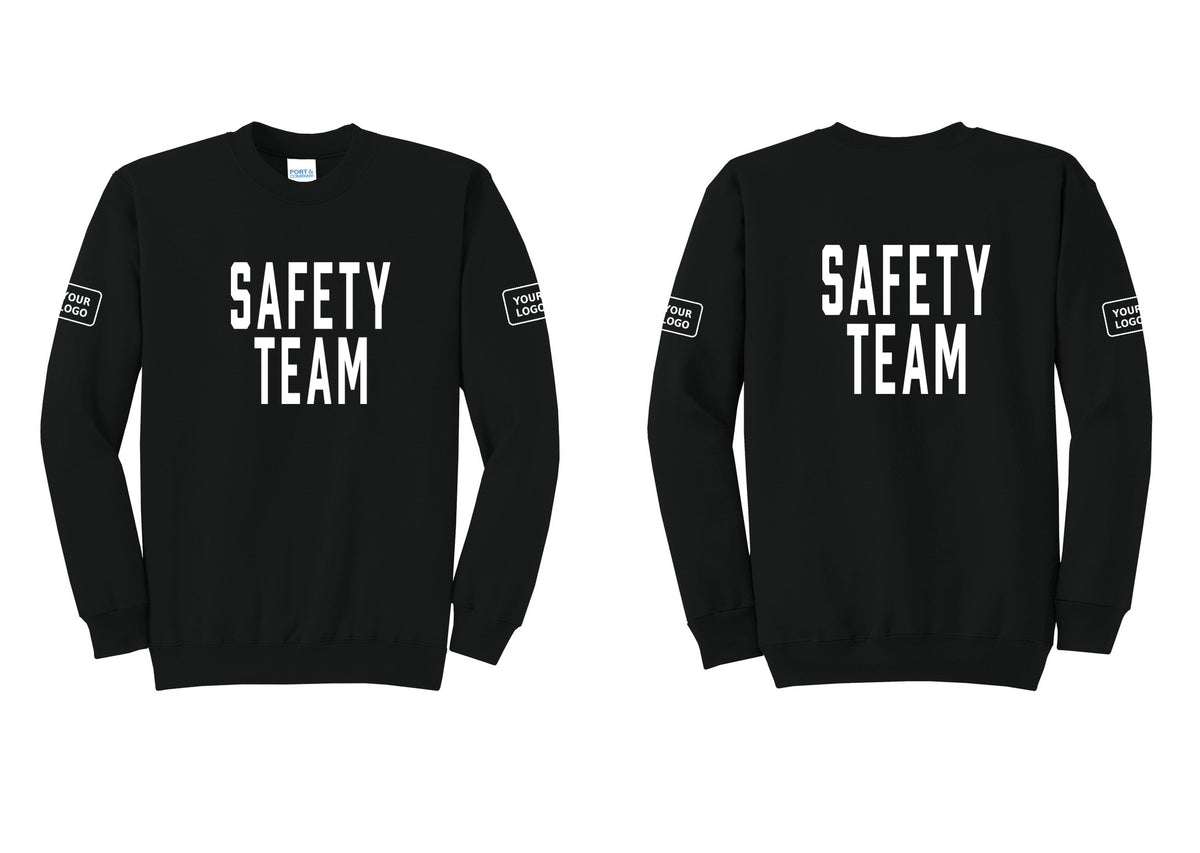 NYC Factory Custom Logo Safety Team Cotton Fleece Crewneck Sweatshirt (Classic) - Front + Back + Your Logo Sleeves - Black