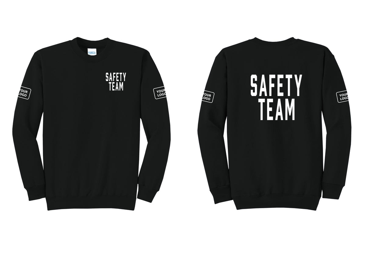 NYC Factory Custom Logo Safety Team Cotton Fleece Crewneck Sweatshirt (Classic) - Chest + Back + Your Logo Sleeves - Black