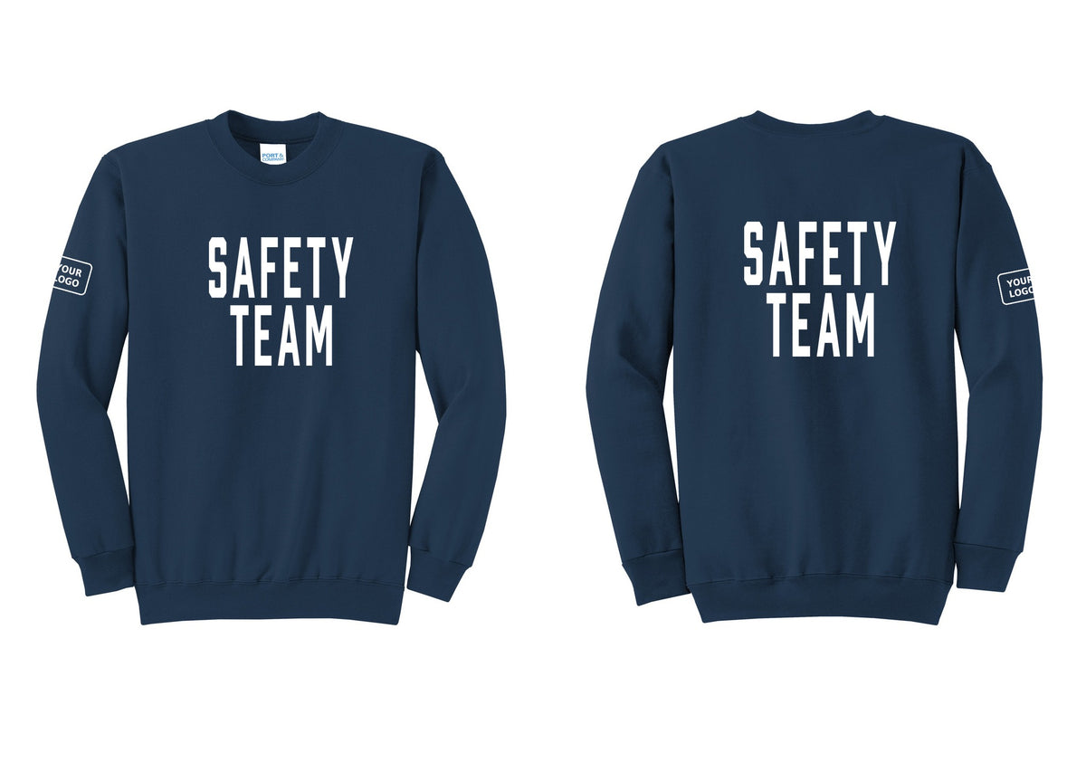 NYC Factory Custom Logo Safety Team Cotton Fleece Crewneck Sweatshirt (Classic) - Front + Back + Your Logo Sleeve - Navy