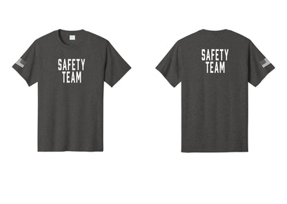 NYC Factory Safety Team T-Shirt for Events, Venues & Volunteers (Classic) - Front + Back + US Flag Sleeve - Dark Heather Grey