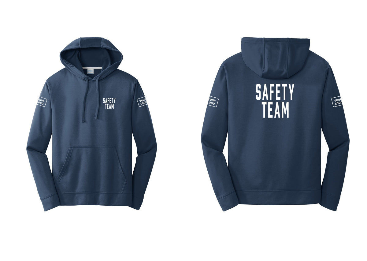 NYC Factory Custom Logo Safety Team Performance Hooded Fleece Pullover Sweatshirt (Classic) - Chest + Back + Your Logo Sleeves - Navy