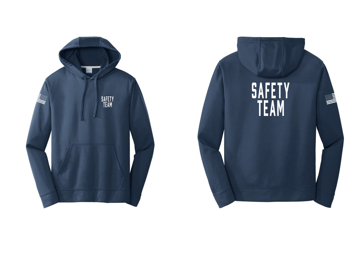 NYC Factory Safety Team Performance Hooded Fleece Pullover Sweatshirt (Classic) - Chest + Back + US Flag Sleeve - Navy