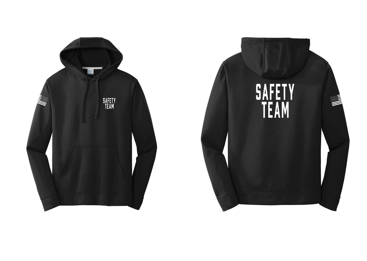 NYC Factory Safety Team Performance Hooded Fleece Pullover Sweatshirt (Classic) - Chest + Back + US Flag Sleeve - Black