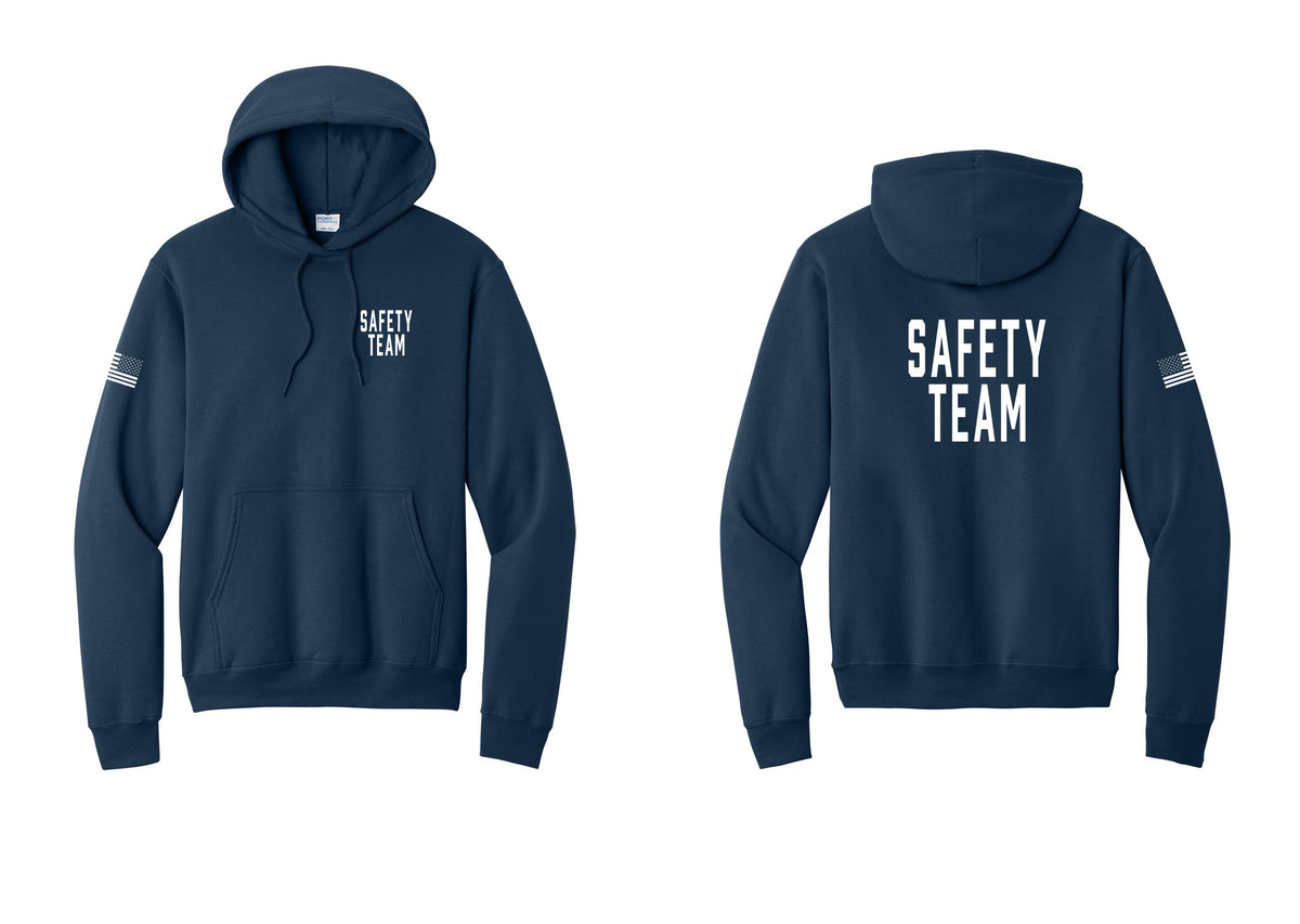 NYC Factory Safety Team Cotton Fleece Pullover Hoodie (Classic) - Chest + Back + US Flag Sleeve - Navy