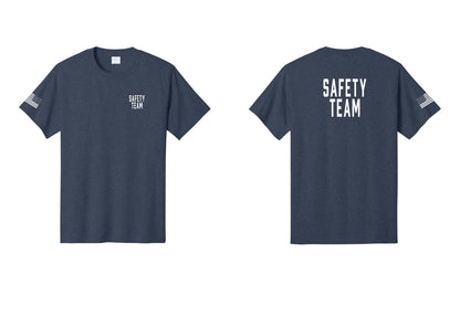 NYC Factory Safety Team T-Shirt for Events, Venues & Volunteers (Classic) - Chest + Back + US Flag Sleeve - Heather Navy