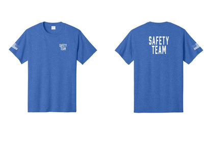 NYC Factory Safety Team T-Shirt for Events, Venues & Volunteers (Classic) - Chest + Back + US Flag Sleeve - Heather Royal