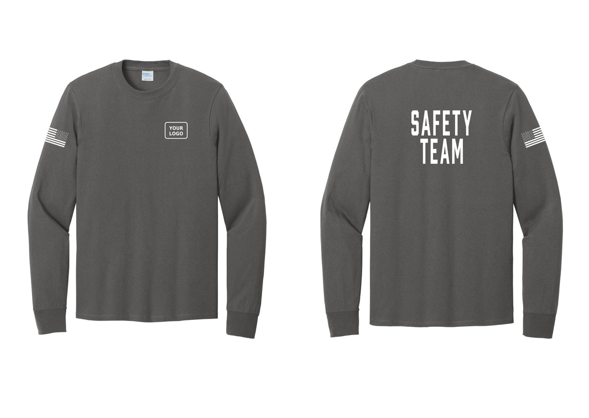 NYC Factory Custom Logo Safety Team Cotton Long Sleeve T-Shirt (Classic) - Your Logo + Back + US Flag Sleeve - Charcoal