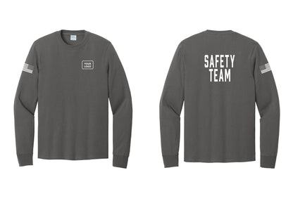 NYC Factory Custom Logo Safety Team Cotton Long Sleeve T-Shirt (Classic) - Your Logo + Back + US Flag Sleeve - Charcoal