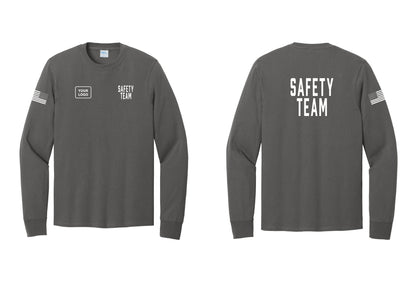 NYC Factory Custom Logo Safety Team Cotton Long Sleeve T-Shirt (Classic) - SAFETY TEAM + Your Logo + Back + US Flag Sleeve - Charcoal