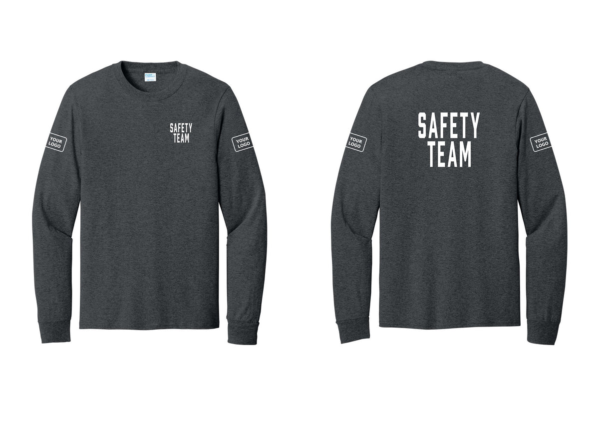 NYC Factory Custom Logo Safety Team Cotton Long Sleeve T-Shirt (Classic) - Chest + Back + Your Logo Sleeves - Dark Heather Grey