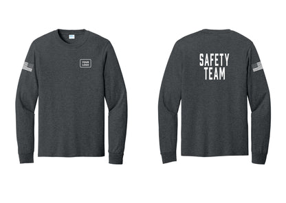 NYC Factory Custom Logo Safety Team Cotton Long Sleeve T-Shirt (Classic) - Your Logo + Back + US Flag Sleeve - Dark Heather Grey