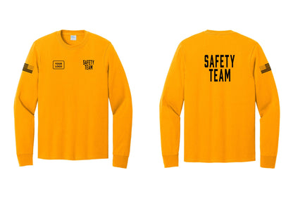 NYC Factory Custom Logo Safety Team Cotton Long Sleeve T-Shirt (Classic) - SAFETY TEAM + Your Logo + Back + US Flag Sleeve - Gold