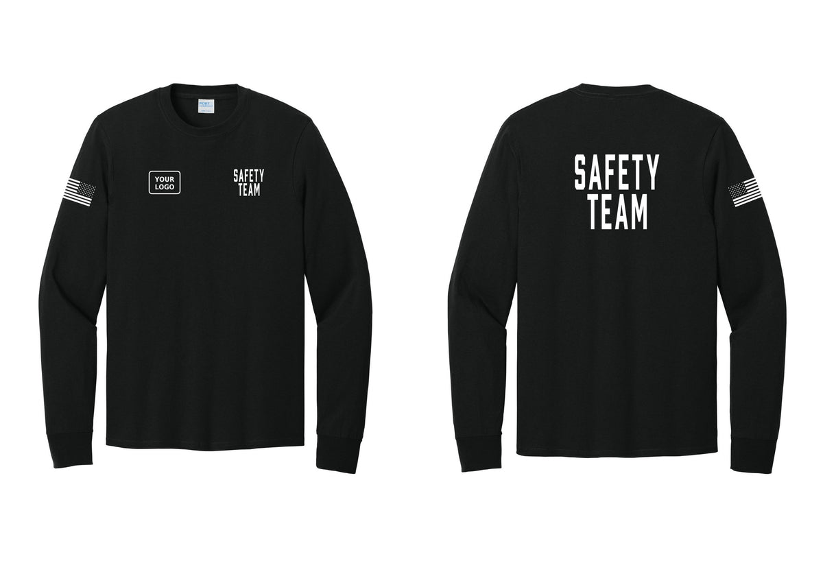 NYC Factory Custom Logo Safety Team Cotton Long Sleeve T-Shirt (Classic) - SAFETY TEAM + Your Logo + Back + US Flag Sleeve - Black