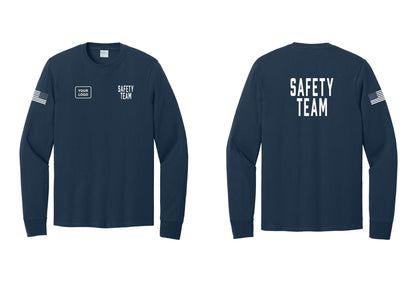 NYC Factory Custom Logo Safety Team Cotton Long Sleeve T-Shirt (Classic) - SAFETY TEAM + Your Logo + Back + US Flag Sleeve - Navy