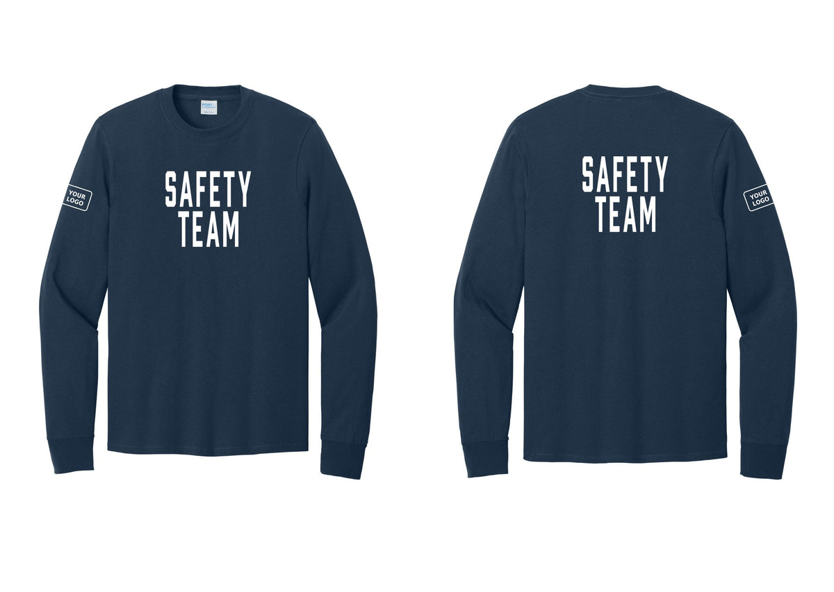 NYC Factory Custom Logo Safety Team Cotton Long Sleeve T-Shirt (Classic) - Front + Back + Your Logo Sleeve - Navy
