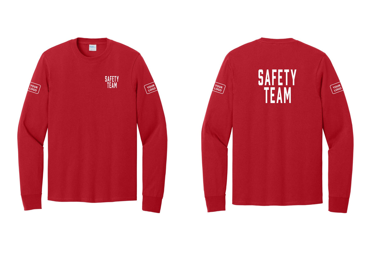 NYC Factory Custom Logo Safety Team Cotton Long Sleeve T-Shirt (Classic) - Chest + Back + Your Logo Sleeves - Red