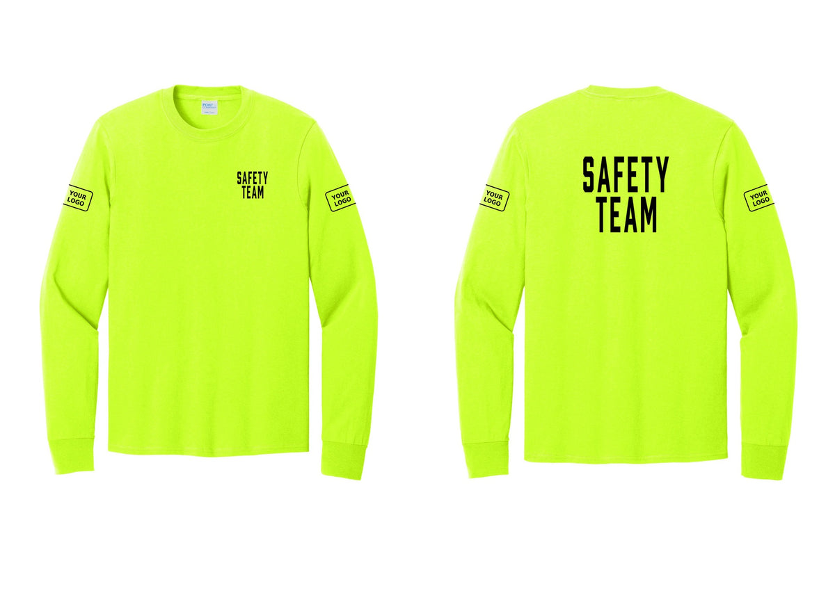 NYC Factory Custom Logo Safety Team Cotton Long Sleeve T-Shirt (Classic) - Chest + Back + Your Logo Sleeves - Safety Green