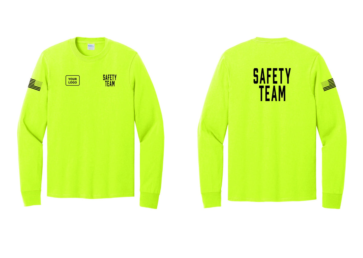 NYC Factory Custom Logo Safety Team Cotton Long Sleeve T-Shirt (Classic) - SAFETY TEAM + Your Logo + Back + US Flag Sleeve - Safety Green