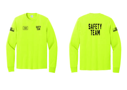 NYC Factory Custom Logo Safety Team Cotton Long Sleeve T-Shirt (Classic) - SAFETY TEAM + Your Logo + Back + US Flag Sleeve - Safety Green