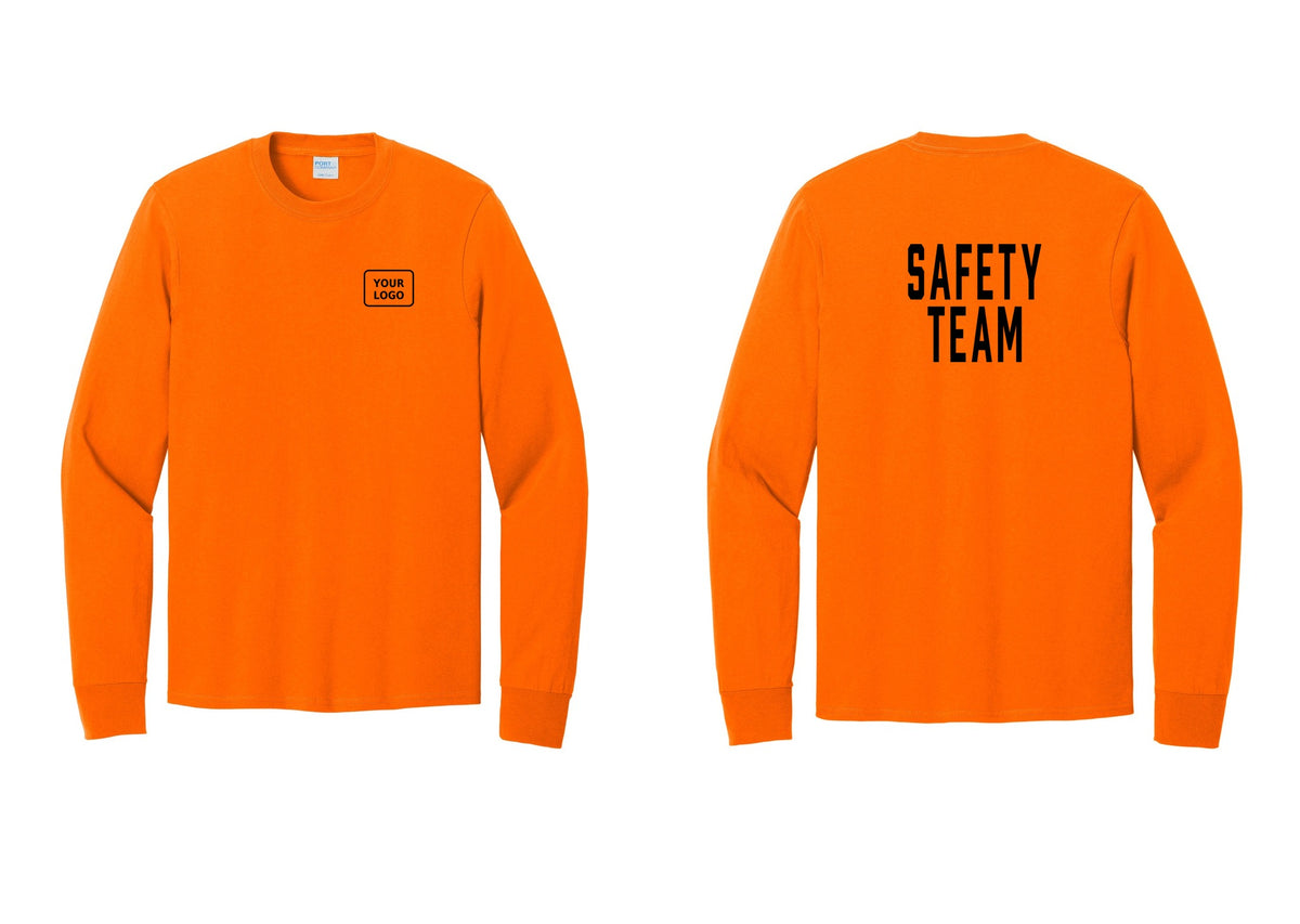 NYC Factory Custom Logo Safety Team Cotton Long Sleeve T-Shirt (Classic) - Your Logo + Back - Safety Orange