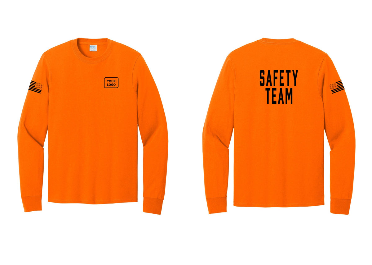 NYC Factory Custom Logo Safety Team Cotton Long Sleeve T-Shirt (Classic) - Your Logo + Back + US Flag Sleeve - Safety Orange