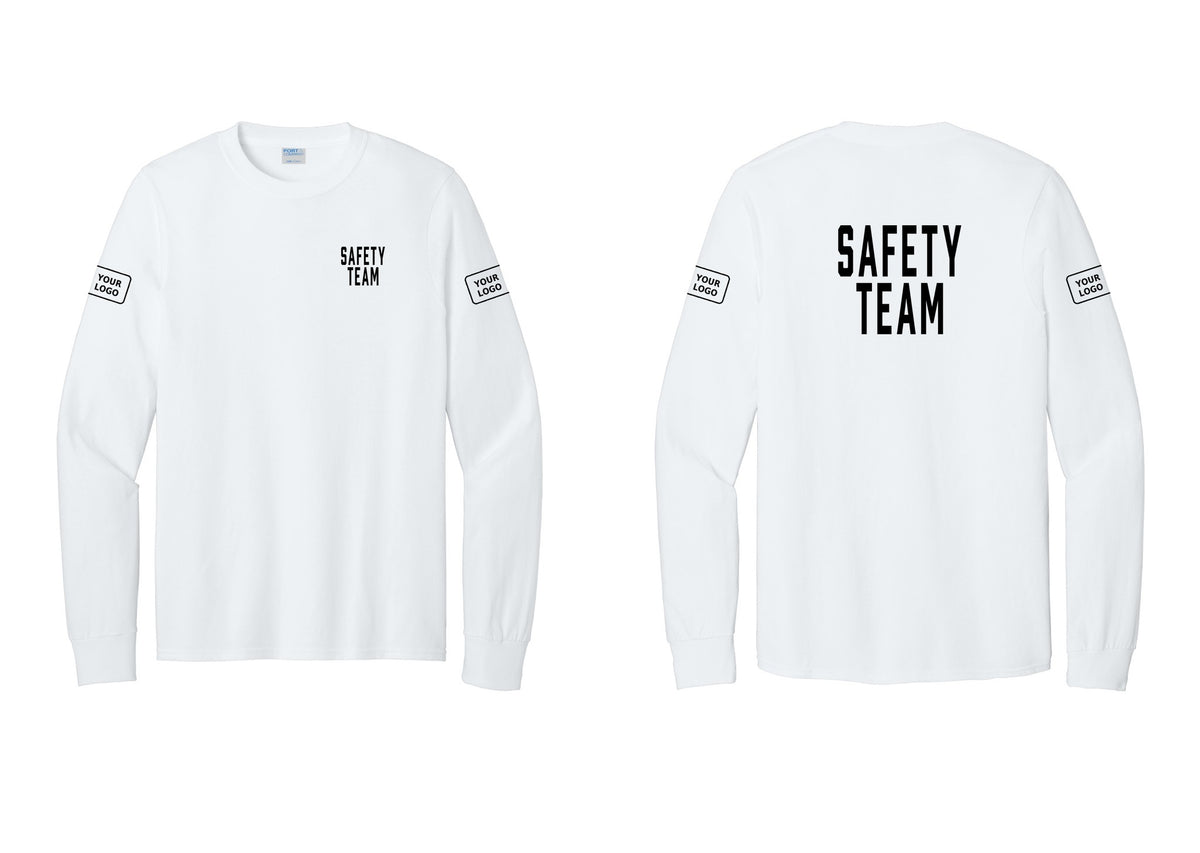 NYC Factory Custom Logo Safety Team Cotton Long Sleeve T-Shirt (Classic) - Chest + Back + Your Logo Sleeves - White
