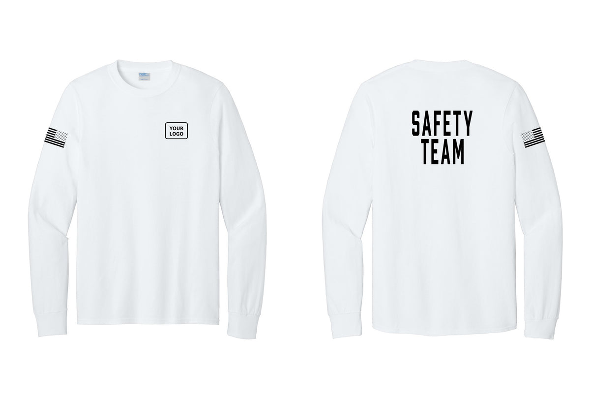 NYC Factory Custom Logo Safety Team Cotton Long Sleeve T-Shirt (Classic) - Your Logo + Back + US Flag Sleeve - White