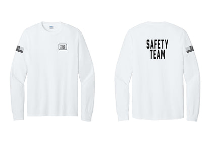 NYC Factory Custom Logo Safety Team Cotton Long Sleeve T-Shirt (Classic) - Your Logo + Back + US Flag Sleeve - White