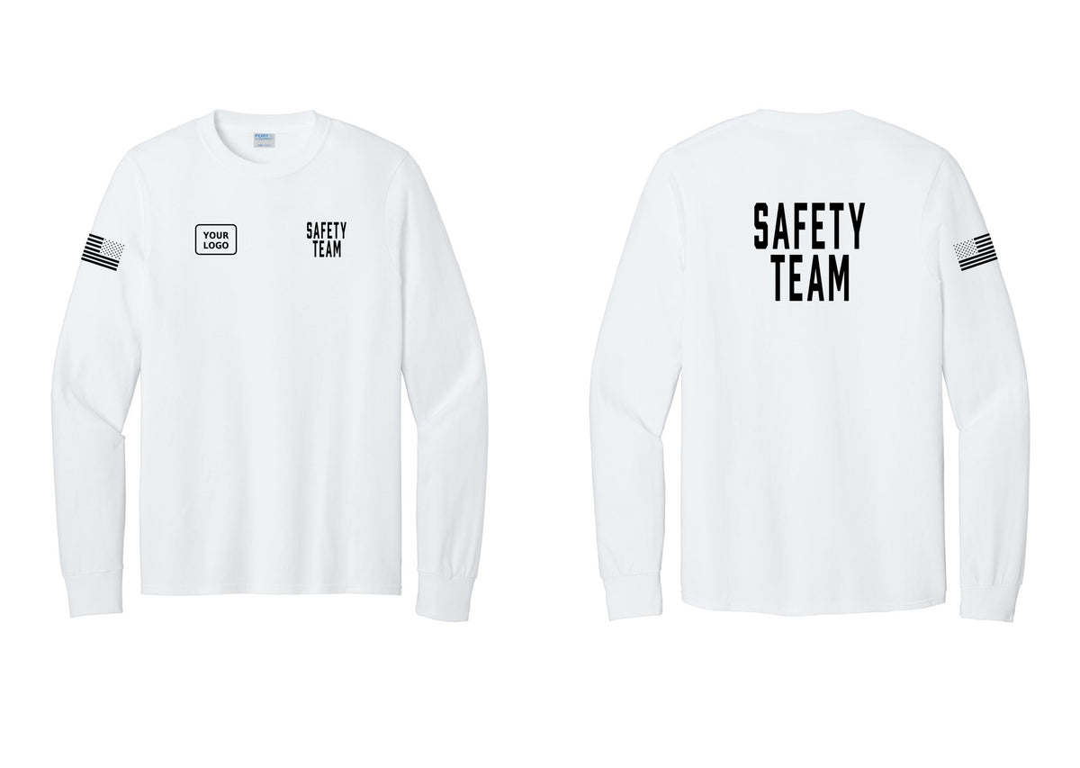 NYC Factory Custom Logo Safety Team Cotton Long Sleeve T-Shirt (Classic) - SAFETY TEAM + Your Logo + Back + US Flag Sleeve - White