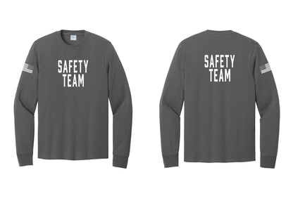 NYC Factory Safety Team Cotton Long Sleeve T-Shirt (Classic) - Front + Back + US Flag Sleeve - Charcoal