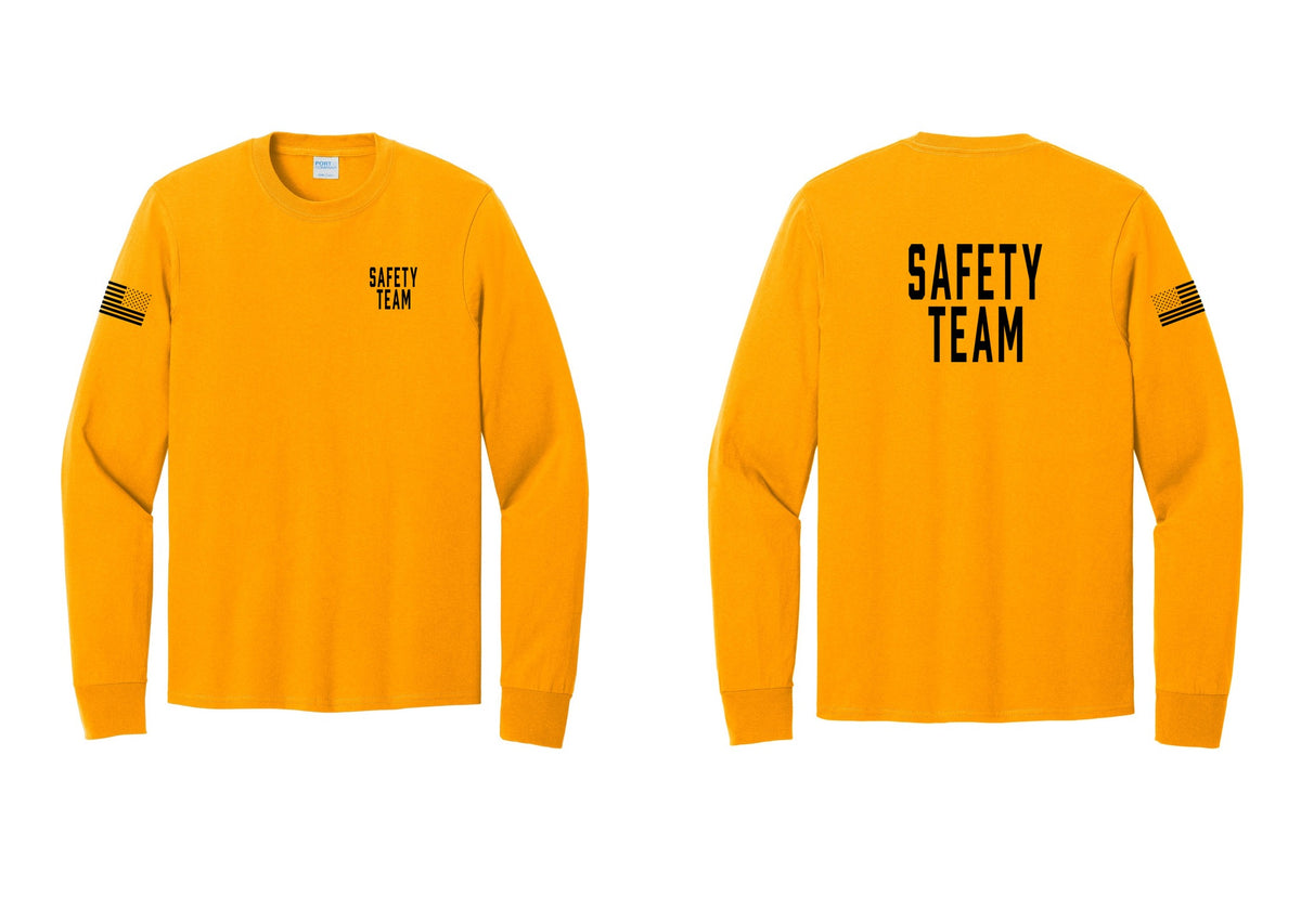 NYC Factory Safety Team Cotton Long Sleeve T-Shirt (Classic) - Chest + Back + US Flag Sleeve - Gold