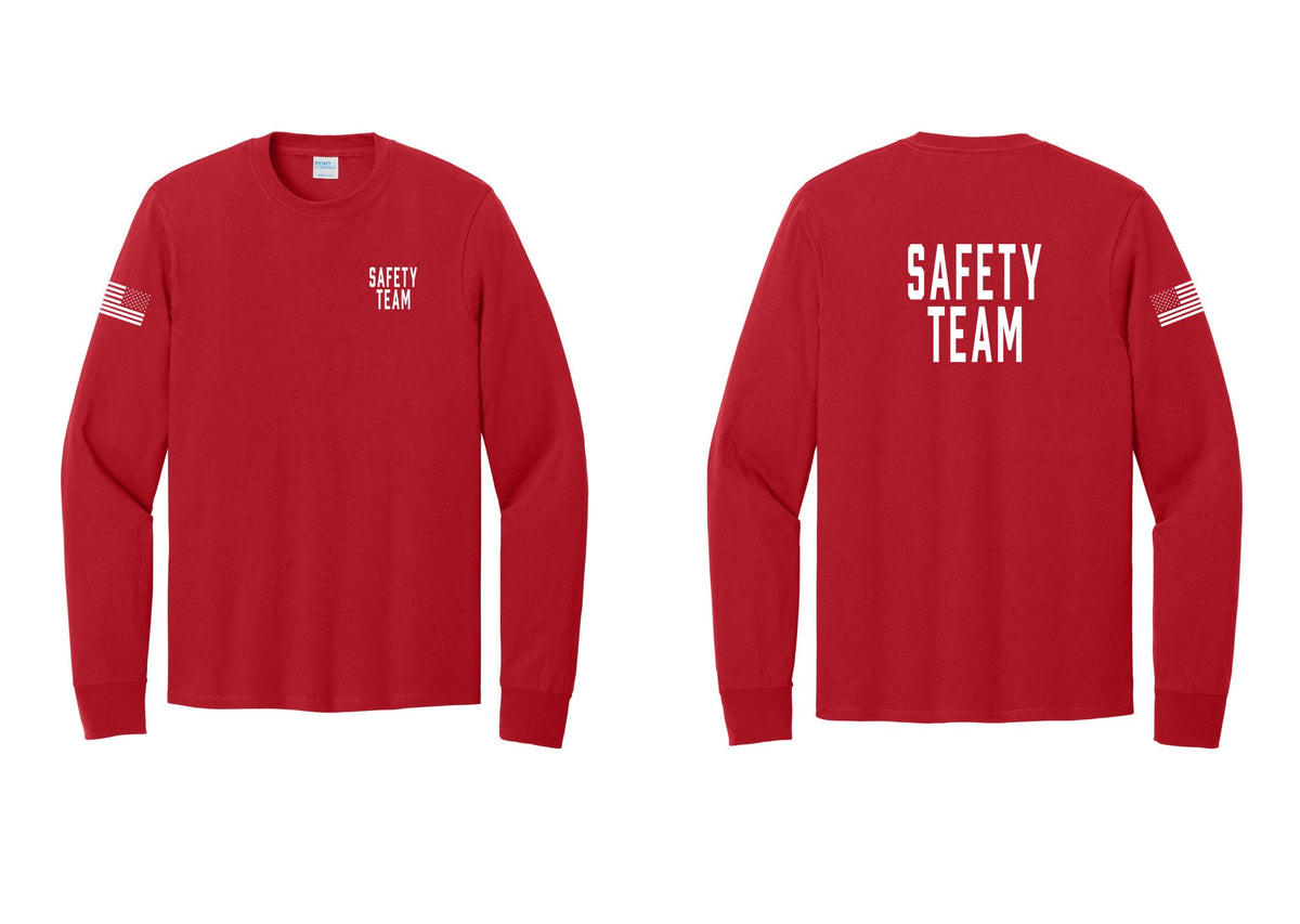 NYC Factory Safety Team Cotton Long Sleeve T-Shirt (Classic) - Chest + Back + US Flag Sleeve - Red
