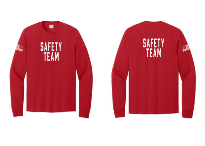 NYC Factory Safety Team Cotton Long Sleeve T-Shirt (Classic) - Front + Back + US Flag Sleeve - Red