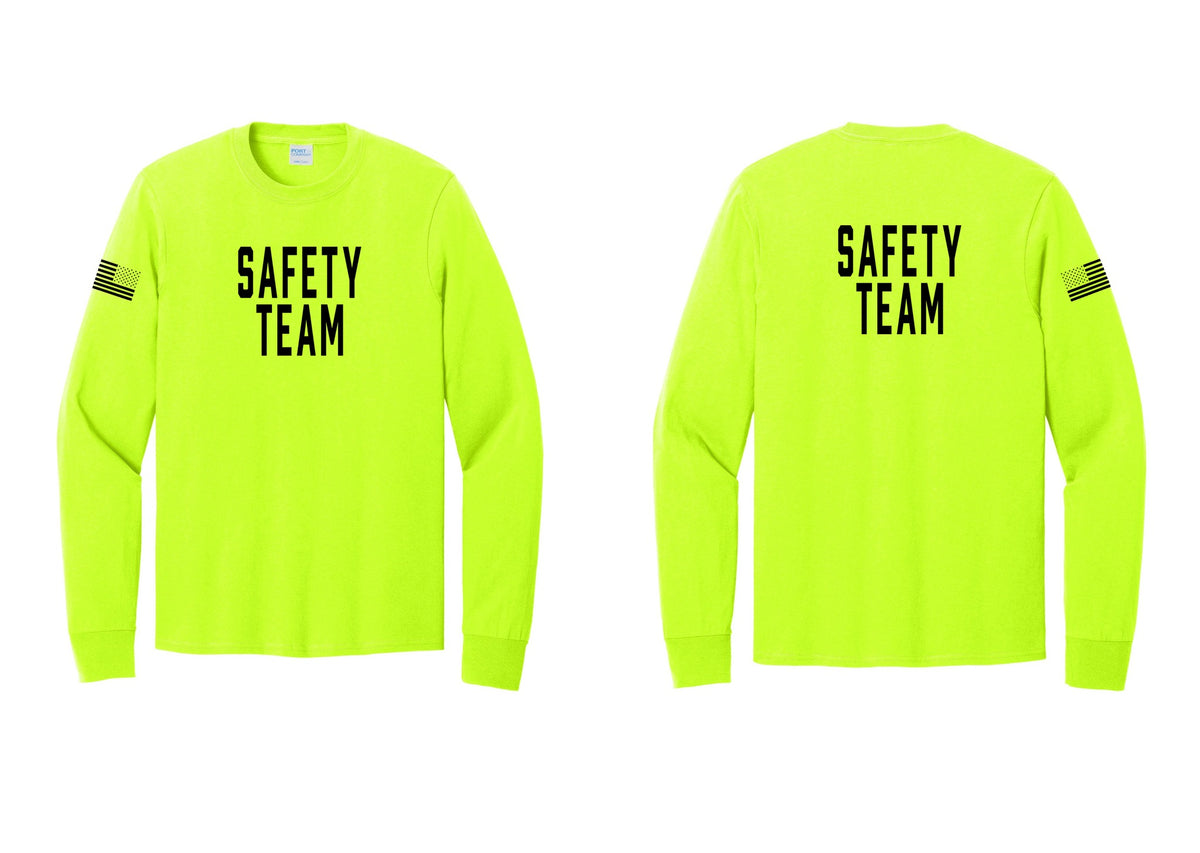 NYC Factory Safety Team Cotton Long Sleeve T-Shirt (Classic) - Front + Back + US Flag Sleeve - Safety Green
