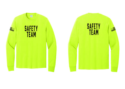 NYC Factory Safety Team Cotton Long Sleeve T-Shirt (Classic) - Front + Back + US Flag Sleeve - Safety Green