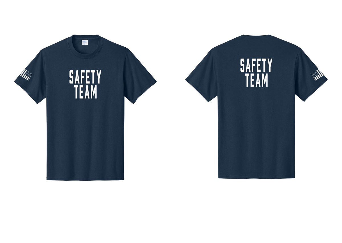 NYC Factory Safety Team T-Shirt for Events, Venues & Volunteers (Classic) - Front + Back + US Flag Sleeve - Navy