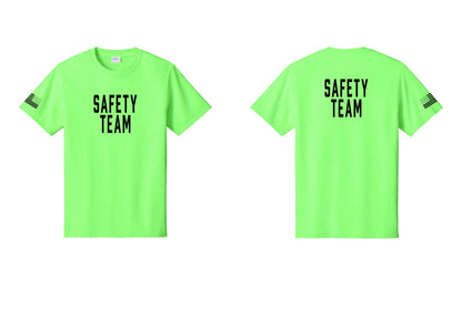 NYC Factory Safety Team T-Shirt for Events, Venues & Volunteers (Classic) - Front + Back + US Flag Sleeve - Neon Green