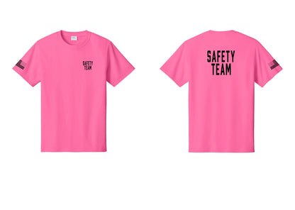 NYC Factory Safety Team T-Shirt for Events, Venues & Volunteers (Classic) - Chest + Back + US Flag Sleeve - Neon Pink