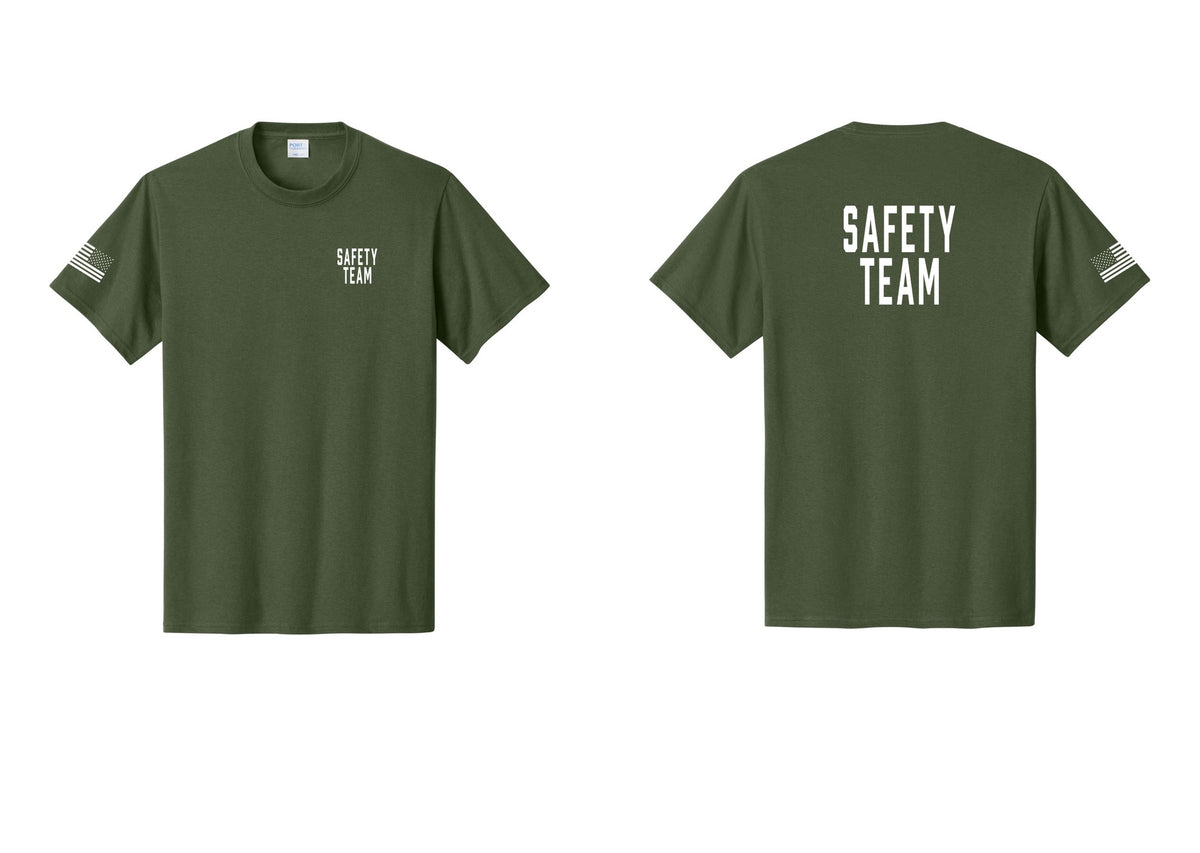 NYC Factory Safety Team T-Shirt for Events, Venues & Volunteers (Classic) - Chest + Back + US Flag Sleeve - Olive