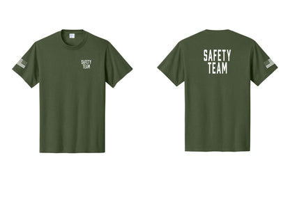 NYC Factory Safety Team T-Shirt for Events, Venues & Volunteers (Classic) - Chest + Back + US Flag Sleeve - Olive