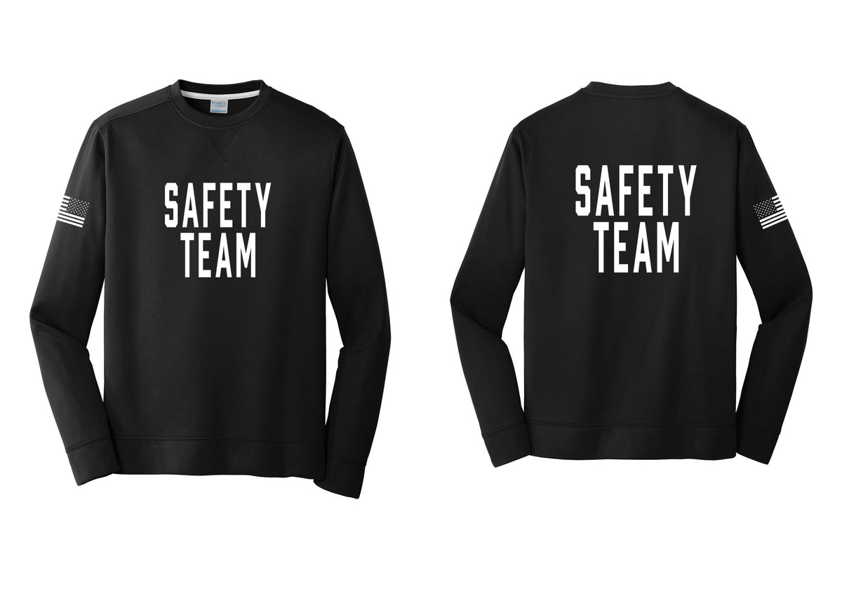NYC Factory Safety Team Performance Fleece Crewneck Sweatshirt (Classic) - Front + Back + US Flag Sleeve - Black