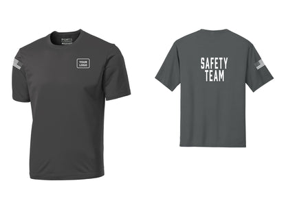 NYC Factory Custom Logo Safety Team Performance T-Shirt (Classic) - Your Logo + Back + US Flag Sleeve - Charcoal
