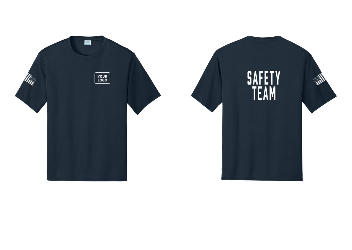 NYC Factory Custom Logo Safety Team Performance T-Shirt (Classic) - Your Logo + Back + US Flag Sleeve - Navy